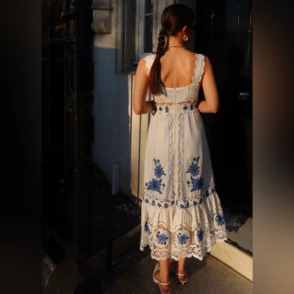 Farm Rio Cross-Stitch Richelieu Linen Blend Dress - Picture 2 of 10